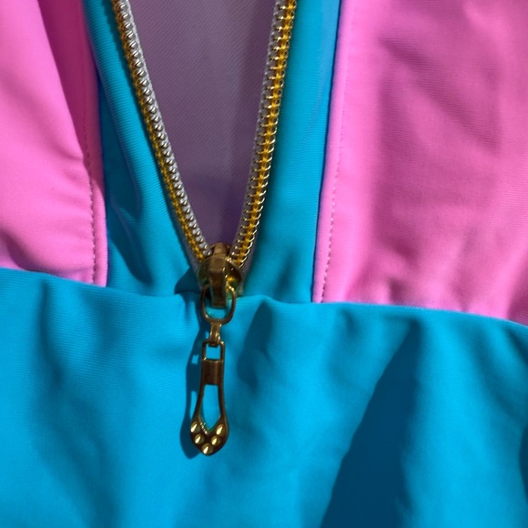 Colorblock Pink Turquoise Blue Green One Piece Swimsuit - Picture 10 of 10